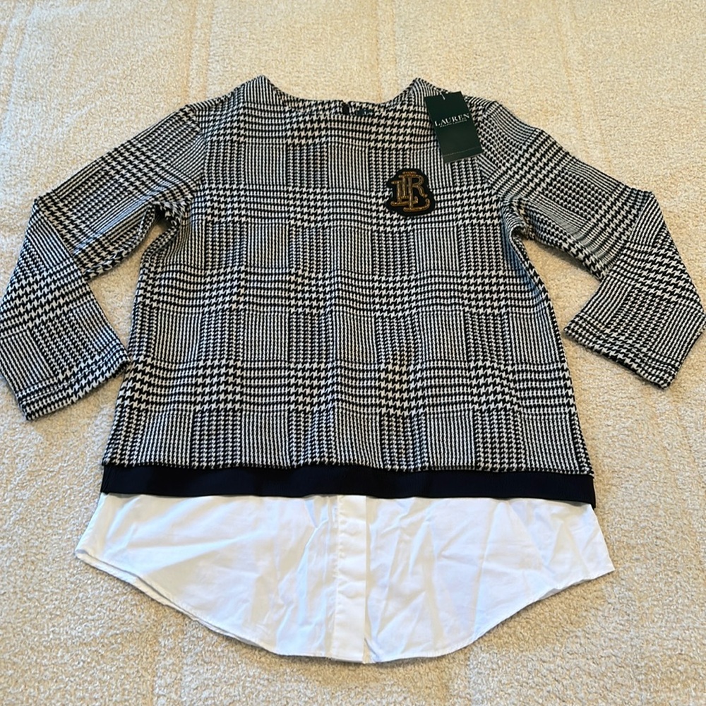 Ralph Lauren Black and White Plaid Layered Crew Sweater